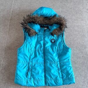 Aeropostale Womens Puffer Vest Turquoise Blue Faux Fur Hood XL Zip Up Quilted